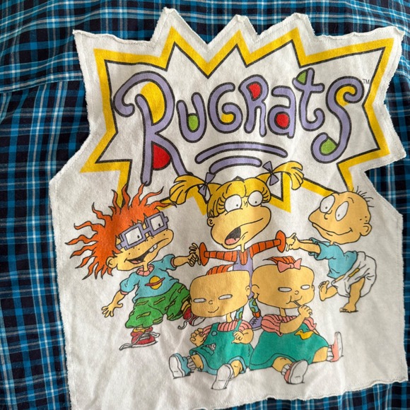 Upcycled Rugrats Cartoon Button Down Shirt XL Plaid DIY 90s Y2K Style Grunge - Picture 4 of 7